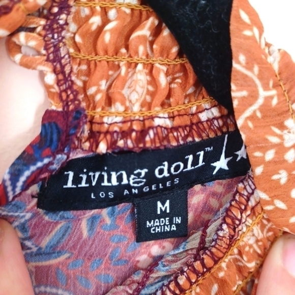 Living Doll Turtleneck Print Blouse Ruffles Semi Sheer Blue Print High Neck Sz M - Picture 7 of 7